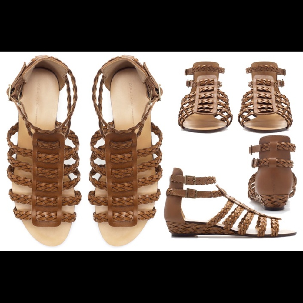 Zara Basic Brown Braided Mini Wedge Gladiator 38 - image 2